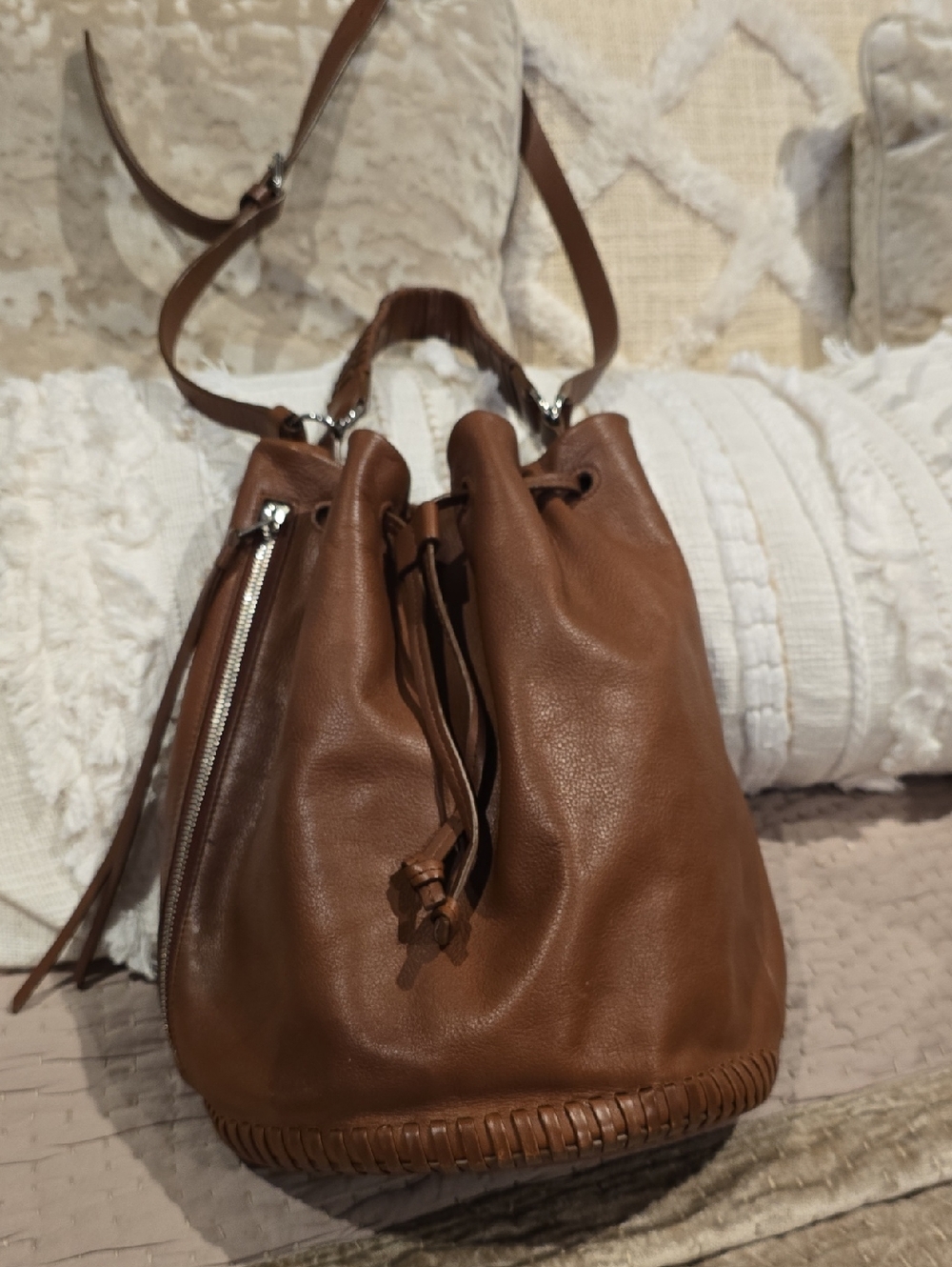 AllSaints Brown Leather Drawstring Bucket Shoulder Bag